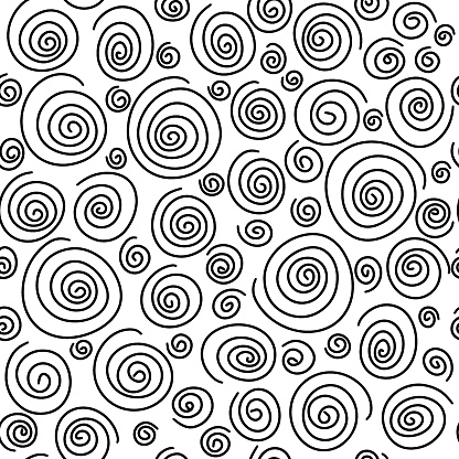 Spiral pattern black. An abstract retro pattern of geometric shapes. A geometric wave of circles background. Vector abstract seamless pattern with a hand-drawn round spiral shape made with a brush.