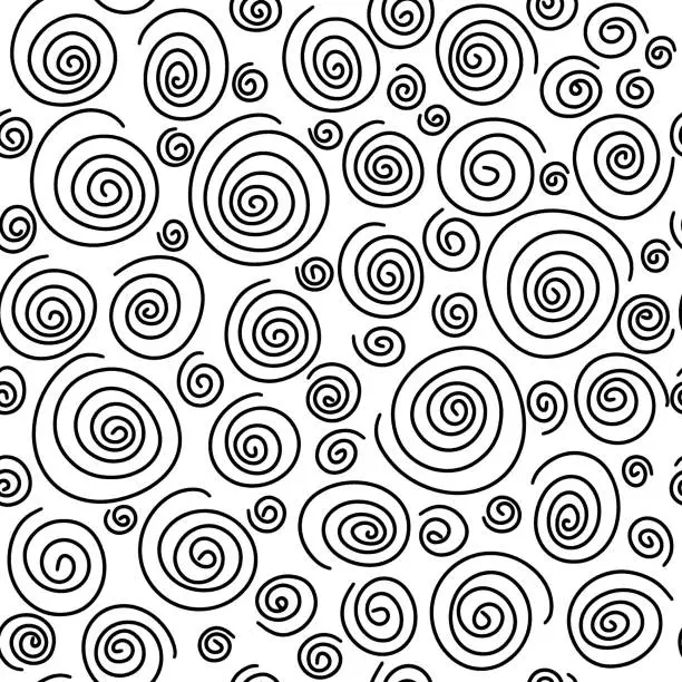 Vector illustration of Spiral pattern black. An abstract retro pattern of geometric shapes. A geometric wave of circles background. Vector abstract seamless pattern with a hand-drawn round spiral shape made with a brush.