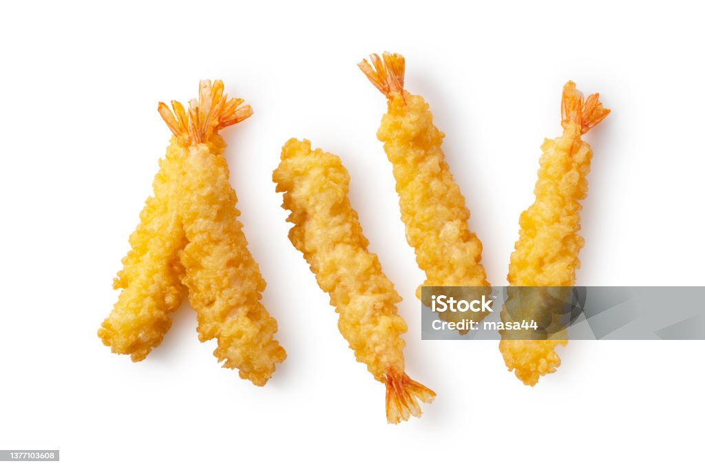 Shrimp tempura placed on a white background Shrimp tempura placed on a white background. Tempura is a Japanese food. It is Japanese fried shrimp. View from above Tempura Stock Photo