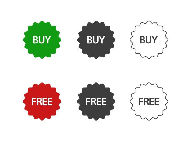 Buy and Free flat design or Buy and Free icons. 3 style of buy and free icons isolated on white background. Buy and Free flat design or Buy and Free icons. 3 style of buy and free icons isolated on white background. discount store stock illustrations