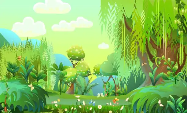 Vector illustration of Fairy forest. Wild flowers and butterflies. Mature willow trees. Morning sky. Dense thickets with flowers and butterflies. Beautiful summer landscape. Fun cartoon style. Cute nature scene. Vector