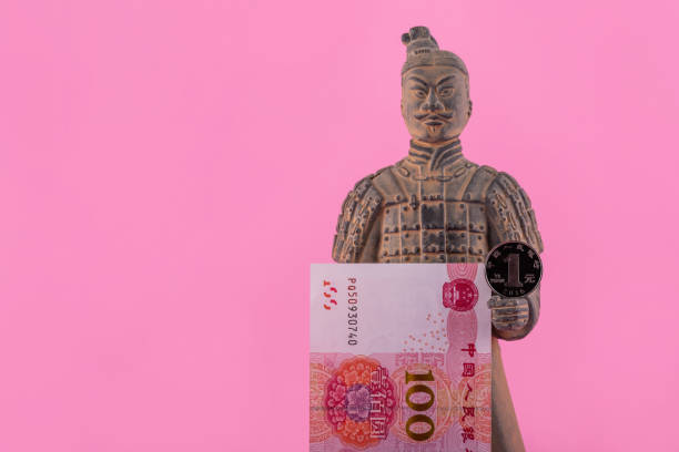 시안의 진시 황 황제의 테라코타 군대에서 유명한 중국 전사의 100위안, 1위안 동전, 기념품 인형의 지폐 - investment rmb savings china 뉴스 사진 이미지