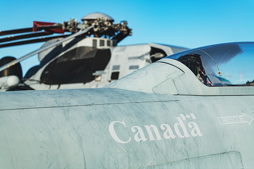 Morlaix, France - March 30 2022: The Dassault Rafale is a twin-engine, canard delta wing, multirole fighter aircraft used by the French Navy as well as the French Air Force.