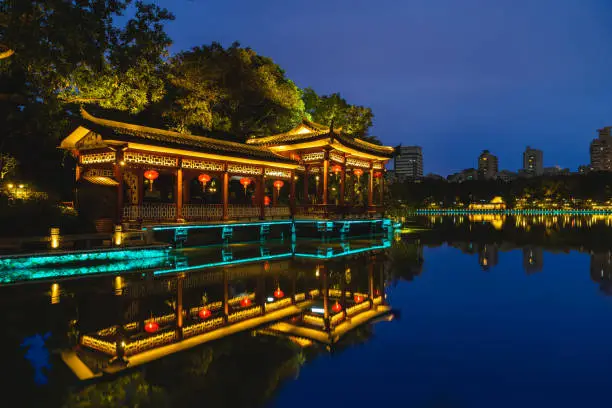 Xihu, West Lake, park located in Fuzhou of Fujian, China at night