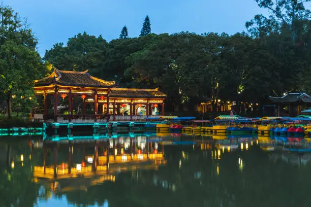 Xihu, West Lake, park located in Fuzhou of Fujian, China at night