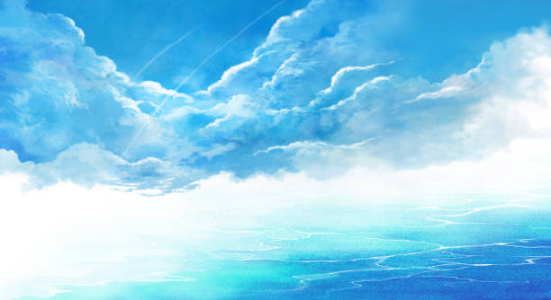 иллюстрация летнего неба и морского пейзажа - blue sky cumulonimbus cloud stock illustrations