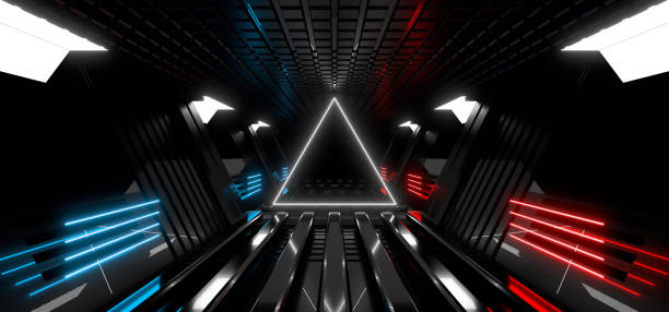 istock Sci Fy neon lamps in a dark corridor. Reflections on the floor and walls. 3d rendering image. 1377166730