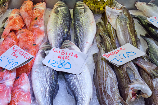 Fresh fish for sale at a market in Bilbao, Spain