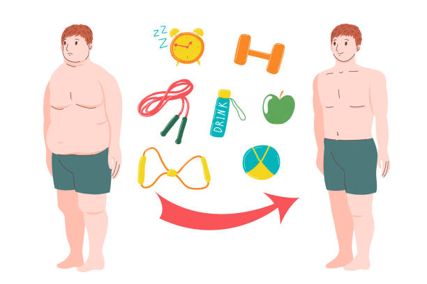 ilustrações, clipart, desenhos animados e ícones de perda de peso. obesidade e pessoa gorda. antes e depois do homem. excesso de peso, esportes, fitness, sono saudável, alimentação saudável. ilustração de desenho animado vetorial em fundo branco. - men muscular build abdominal muscle large