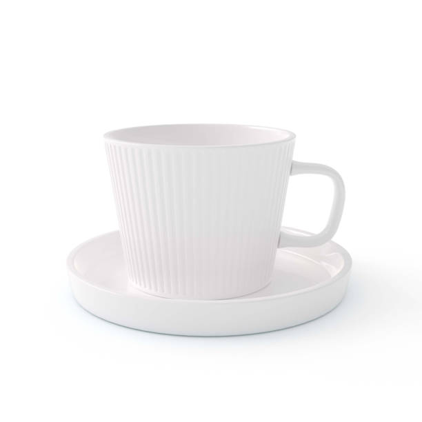 白い背景にセットされた受け皿の3dレンダリング白い陶磁器 - front view cup saucer white ストックフォトと画像