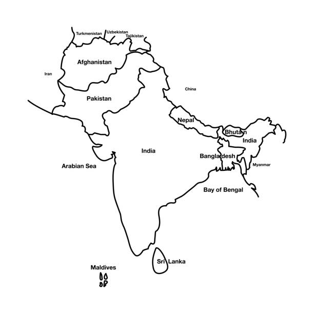 ilustraciones, imágenes clip art, dibujos animados e iconos de stock de mapa de esquema de asia meridional. ilustración de símbolo eps vectorial editable. - india map cartography sri lanka