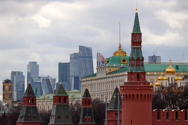 View of the Kremlin towers and Moscow city skyscrapers at spring stock photo