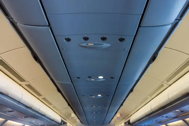 Design of ceiling in cabin of airplane. The interior cabin of commercial aircraft.