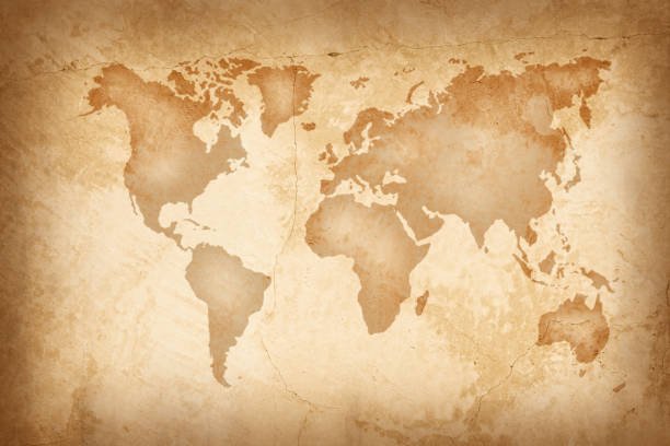 istock World map on an old paper texture background with space for text wind sea marine navigation. Design retro nautical template for marine theme border frame. 1377268774