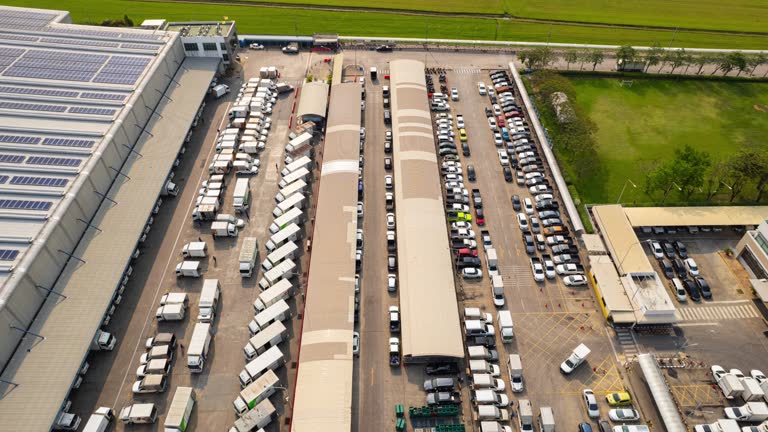 Aerial View of Semi Trucks and Distribution Warehouse