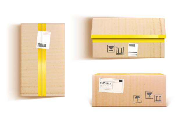 Cardboard boxes 3d vector mockup, cargo or parcel Cardboard boxes 3d vector mockup, cargo or parcel packages top, front and side view with tape and paper labels. Realistic carton open or closed packaging for goods, isolated packs for freight shipping brown box stock illustrations