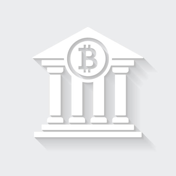 istock Bank with Bitcoin sign. Icon with long shadow on blank background - Flat Design 1377284346
