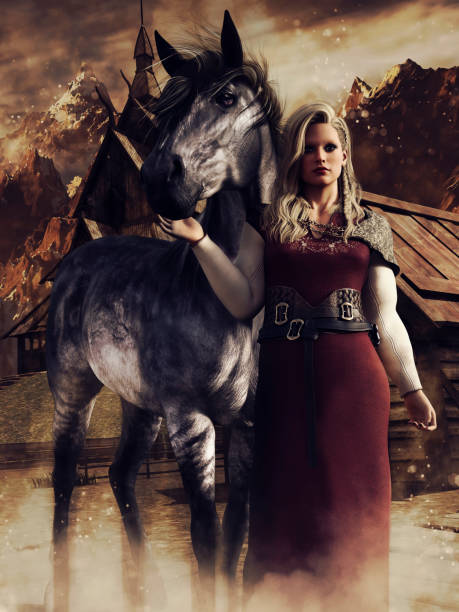 Young woman standing by a black horse in front of a Viking village . 3D render - the woman is a 3D object.