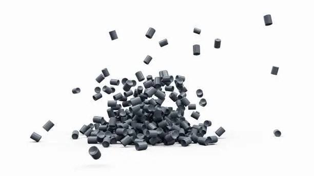 Photo of Grey Plastic pellets Falling on white Background Plastic granules Polymer Black plastic beads resin polymer pallet petrochemical 3d illustration
