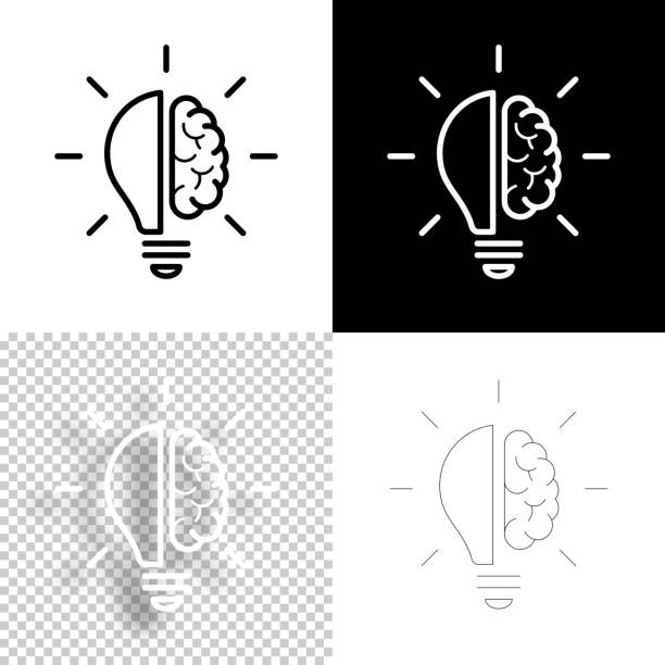 ilustrações, clipart, desenhos animados e ícones de meia lâmpada e cérebro. ícone para design. fundo em branco, branco e preto - ícone da linha - clear thinking