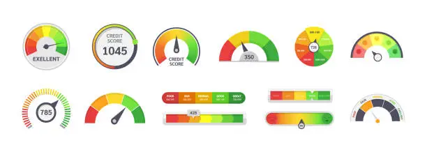 Vector illustration of Multicolored speedometer scale set. Meter level score measure graphic dial with different colors