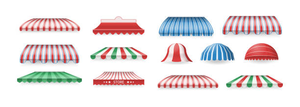 Multicolored striped awning set. Retro store street border over door window blind cover shade vector art illustration