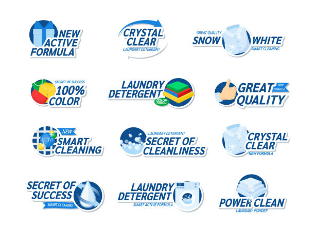 Laundry detergent logotype set. Commercial laundromat logo decorative design with washing machine vector art illustration