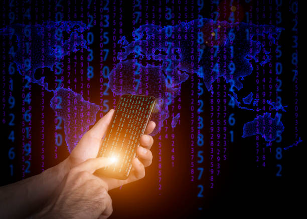 istock Hand with a phone on the background of 5g digital statistics, growth charts, analytics and big data. Business, income, cryptocurrency concept 1377310671