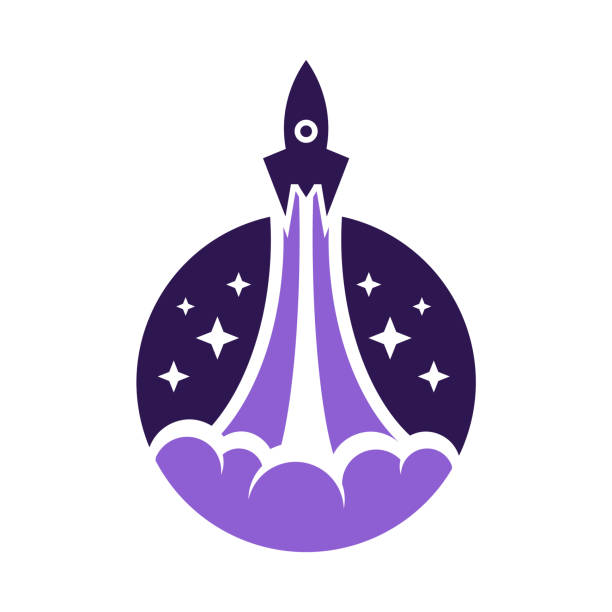 Purple rocket launching into space. Space travel concept. Discovery and exploration idea. Starting new business. Start up. Logo template. Night sky with stars. Vector illustration, flat, clip art. rocketship clipart stock illustrations