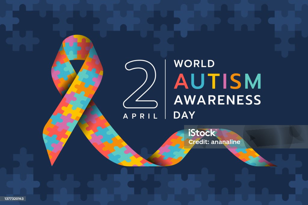Wolrd Autism Awareness Day - Signo y texto de la cinta de Autism Awareness en el diseño vectorial de fondo de textura de rompecabezas azul oscuro - arte vectorial de Autismo libre de derechos