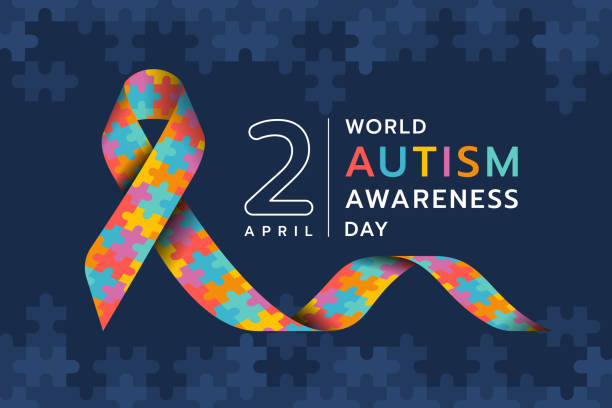 ilustrações, clipart, desenhos animados e ícones de wolrd autism awareness day - sinal de fita de conscientização do autismo e texto sobre design vetorial de fundo de textura de quebra-cabeça azul escuro - autismo