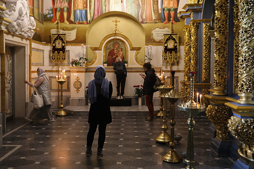 October 4, 2019. Kiev, Ukraine.\nThere are many churches in Kiev, the capital of Ukraine. These churches are open to both locals and tourists. Ukrainians often pray in churches located in Kiev.