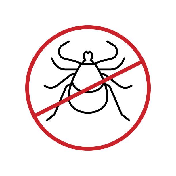 Anti tick sign. Editable vector illustration Anti tick sign. Insect protection icon. Tick-repellent spray pictogram. Insectifuge symbol. Editable vector illustration in black and red color isolated on a white background. Simple graphic design pest control logos silhouette stock illustrations