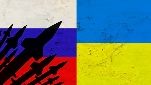 Rockets on the background of the Russian flag, the concept of war stock photo