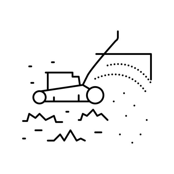 illustrazioni stock, clip art, cartoni animati e icone di tendenza di taglio erba con tosaerba linea icona illustrazione vettoriale - rotary mower illustrations