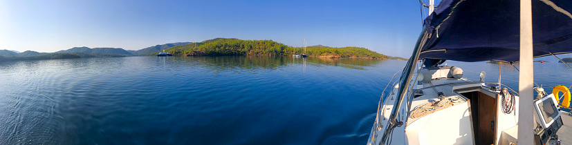 Panoramic sea view from a boat in Gulf of Gokova, Bodrum, Turkey