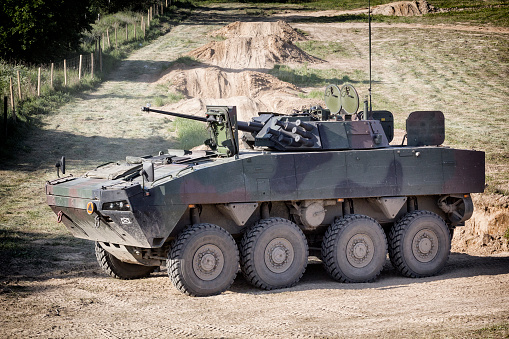 Contemporary Polish military battlefield transport vehicle during exercises on the military training area in Drawsko Pomorskie, Poland