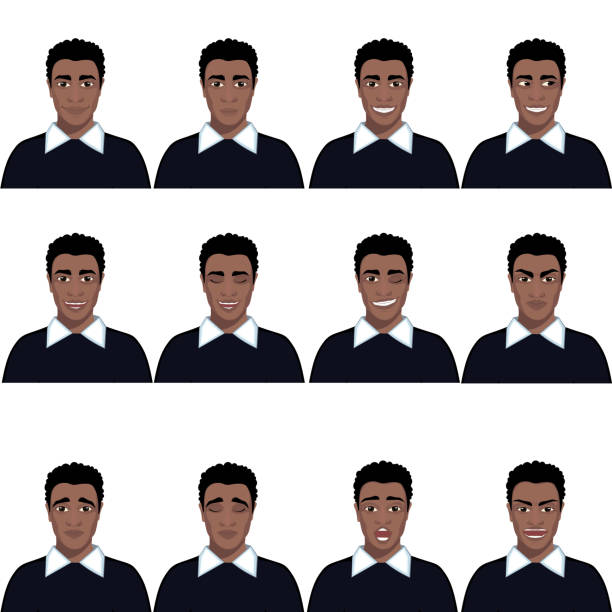 ilustraciones, imágenes clip art, dibujos animados e iconos de stock de hombre negro con diferentes expresiones faciales.. conjunto de emociones del hombre. conjunto de ilustraciones vectoriales aisladas. - afro man