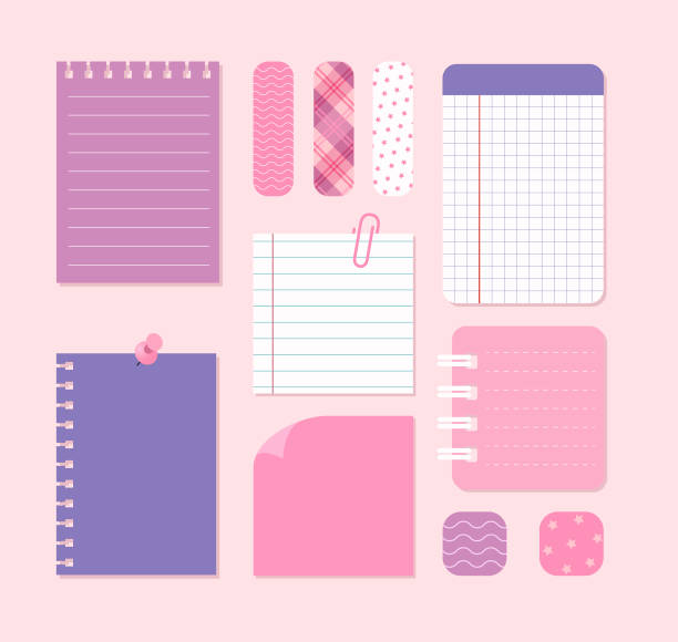 작은 조각의 노트 종이와 어린 소녀의 여성 스티커 - reminder adhesive note note pad pink stock illustrations