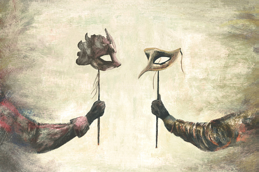 Illustration of mysterious people talking behind carnival masks, surreal abstract concept