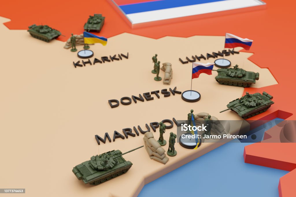 War in Eastern Ukraine. Russian tanks surrounding and attacking the city of Mariupol. 3D rendering. Mariupol Stock Photo