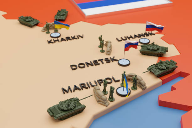 guerra no leste da ucrânia. tanques russos cercando e atacando a cidade de mariupol. renderização 3d. - donetsk oblast - fotografias e filmes do acervo