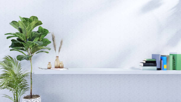 istock indoor mockup wall and empty rack shelf minimal style, 3D rendering 1377379869