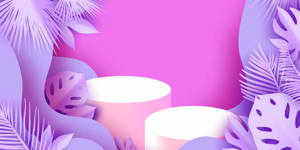 istock 3D Podium scene or pedestal on very peri wave background with tropical palm leaves paper cut craft studio for display product mockup design. 1377387571
