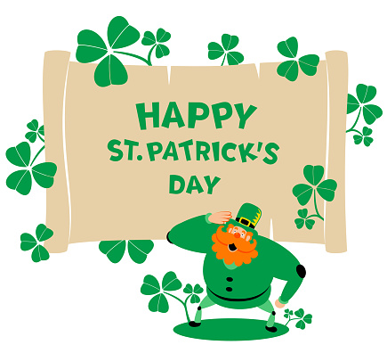 Happy St. Patrick's Day Characters Vector Art Illustration.
The mysterious leprechaun is unrolling a medieval paper scroll with 