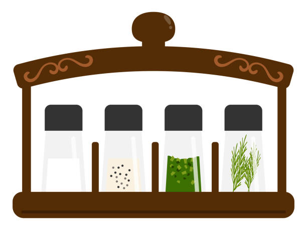 Illustration of a case containing bottles of seasoning salt, pepper, parsley and rosemary. Vector illustration of seasonings and cases. spice rack stock illustrations