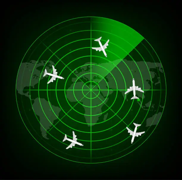 Vector illustration of Realistic radar in searching. Radar screen with the aims. Vector stock illustration. Vector illustration