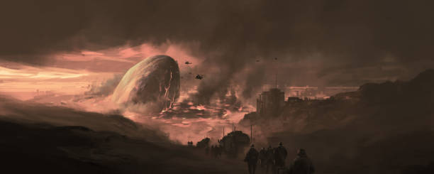 istock Huge meteorite falling in the city center, 3D illustration. 1377406869