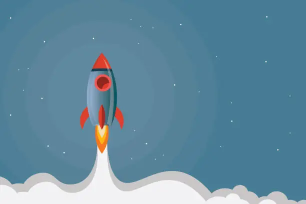 Vector illustration of Rocket flying over cloud,Rocket launch. Business startup concept.