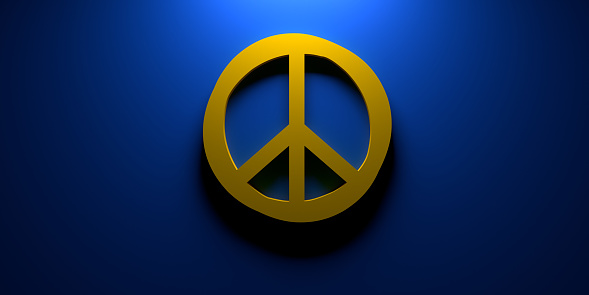 Anti-War Peace Sign concept for Ukraine - Russia Crimean Crisis: No or stop icon in a circle shape. 3D rendered WAR letters symbol sticker template background and large copy space. Illustration for web banner, media, ads. Geopolitical military conflict.